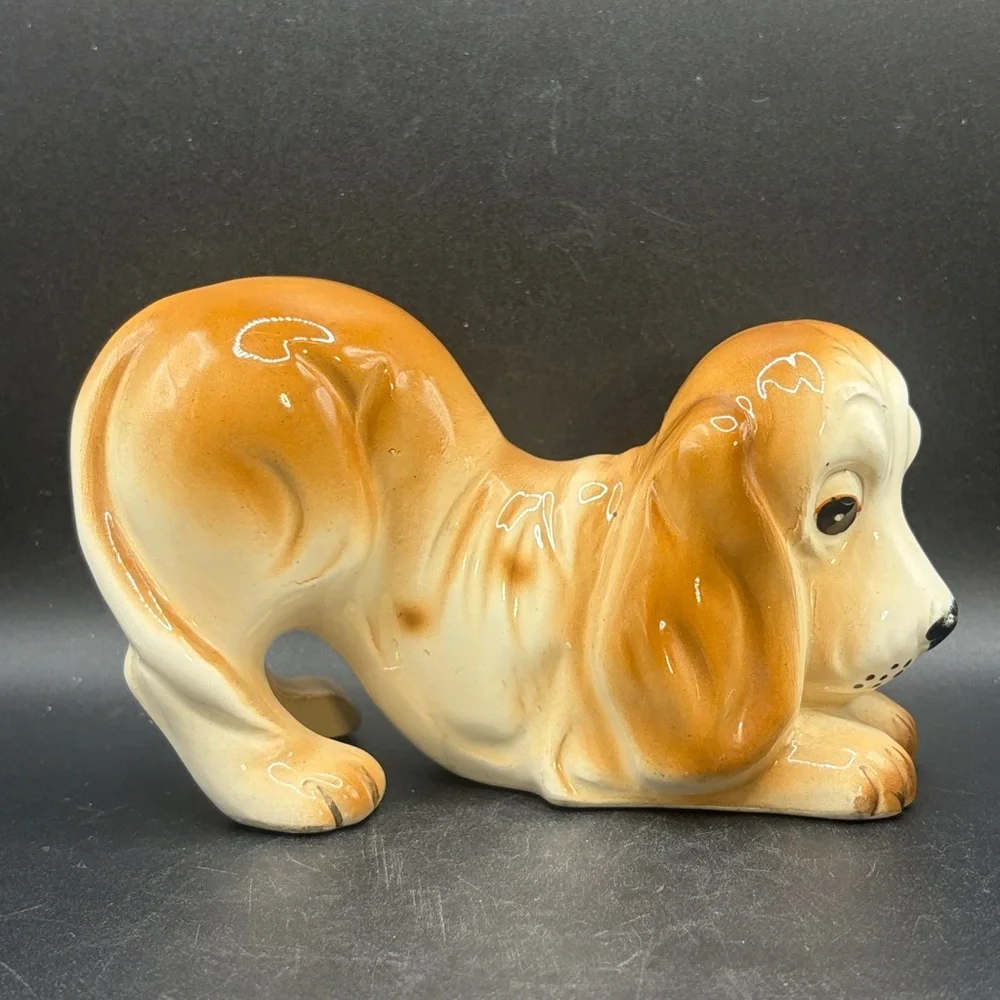 Vintage Hand Painted Ceramic Basset Hound Dog Puppy Figurine Collectible Figure